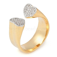 Heart Brass Micro Pave Clear Cubic Zirconia Open Cuff Ring for Women, Real 18K Gold Plated, US Size 7 1/4(17.5mm)(RJEW-Q819-20G)