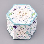 Hexagon Shape Candy Packaging Box, Wedding Party Gift Box, Boxes, Flower and Word Good Mood Life Everyday Pattern, Cyan, 7.1x8.2x6.3cm, Unfold: 22.9x12.25x0.08cm(CON-F011-04B)