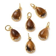 Natural Tiger Eye Teardrop Charms, with Rack Plating Brass Micro Pave Clear Cubic Zirconia Findings and Jump Ring, Cadmium Free & Lead Free, Real 18K Gold Plated, 13.5x8x5.5mm, Hole: 3.5mm(G-A034-01G-03)