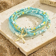 Multilayer Glass Seed Beads Starfish Pendant Anklet for Women, Boho Jewelry Summer Beach Foot Ankle Chain, Cyan, Inner Diameter: 2-3/8 inch(6cm), 6pcs/set(PW-WG7288D-07)