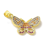 Brass Micro Pave Colorful Cubic Zirconia Pendants, Butterfly Charms, Real 18K Gold Plated, 22x16x4mm, Hole: 5x3.5mm(KK-Z042-06G)