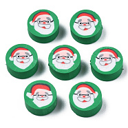 Handmade Polymer Clay Beads, Christmas Style, Flat Round with Father Christmas, Sea Green, 9x4~4.5mm, Hole: 1.6mm(CLAY-N007-014)