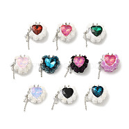 Polymer Clay Rhinestone Beads, with Acrylic & Glass Cabochon and Alloy Finding, Heart with Crown & Rose, Mixed Color, 25x28x18mm, Hole: 1.8mm(CLAY-E004-01)