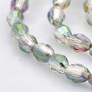 Half Rainbow Plated Glass Faceted Rice Beads Strands, Clear, 6x4mm, Hole: 1mm, about 72pcs/strand, 16 inch(GLAA-A030A-HR01)