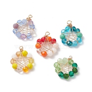Glass Beaded Flat Round Pendants, with Real 18K Gold Plated Eco-Friendly Round Copper Wire Wrapped Pentagram, Mixed Color, 30.5x23.5x6mm, Hole: 3mm(PALLOY-JF01971)