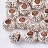 Polymer Clay Rhinestone European Beads, with Brass Single Cores, Large Hole Beads, Rondelle, Light Gold, Crystal, PP11(1.7~1.8mm), 11x8mm, Hole: 5mm(RB-S055-16B)