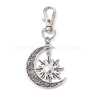 Moon & Sun Tibetan Style Alloy Pendant Decorations, with Swivel Lobster Claw Clasps, Antique Silver, 73mm(HJEW-JM01529)