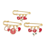 3Pcs 3 Style Valentine's Day Heart/Rose Alloy Enamel Charms Safety Pin Brooch, Golden Iron Kilt Pin for Waist Pants Tightener Women, Golden, 34~40x50mm, 1pc/style(JEWB-BR00134)
