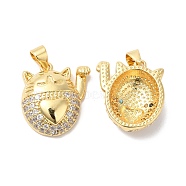 Brass Micro Pave Clear Cubic Zirconia Pendants, Cat Shape Charms, Real 16K Gold Plated, 19x16x7mm, Hole: 4x3.5mm(ZIRC-L103-035G)