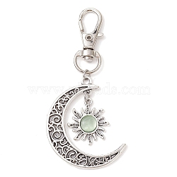 Moon & Sun Alloy Pendant Decorations, Cat Eye and Alloy Swivel Lobster Claw Clasps Charm, Antique Silver & Platinum, Lime Green, 73mm(HJEW-JM01596-01)