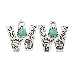 Synthetic Turquoise & Alloy Pendants, Letter Charms, Antique Silver, Letter W, 25x23x5mm, Hole: 3mm(PALLOY-H146-01AS-W)