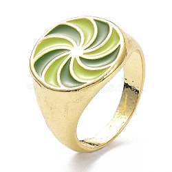 Pinwheel Pattern Alloy Enamel Finger Rings, Light Gold, Olive Drab, 3.5~16.5mm, US Size 7 1/4(17.5mm)(RJEW-Z008-15LG-C)