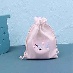 Printed Cotton Cloth Storage Pouches, Rectangle Drawstring Bags, for Candy Gift Bags, White, Paw Print, 14x10cm(PW-WG67956-02)