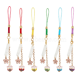6Pcs Cute Maneki Neko Smart Phone Strap Lanyards, Daisy Sakura Cat Bell Mobile Rope Key Chains Couple Gift Decoration, Mixed Color, 15.5cm, 6pcs/set(HJEW-PH01586)