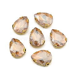 Sew on Rhinestone, Glass Rhinestone, with Light Gold Brass Prong Settings, Faceted, Teardrop, Lt.Col.Topaz, 18x13x7mm, Hole: 1.4mm(RGLA-TAC0004-02)