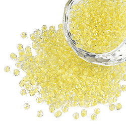 Glow in the Dark Luminous Transparent Glass Seed Beads, Round, Champagne Yellow, 3.5x1.6mm, Hole: 1mm, about 18200pcs/450g, 450g/bag(SEED-YWC0001-01G)