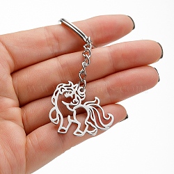 201 Stainless Steel Hollow Cartoon Unicorn Pendant Keychain, for Car Backpack Pendant Gift, Stainless Steel Color, 2.7x3cm(PW-WG29428-01)