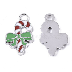 Alloy Candy Cane Enamel Pendants, Christmas Theme, Lime Green, 24x15x2mm, Hole: 3mm(ENAM-R041-53)