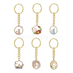 6Pcs 6 Styles Alloy Enamel Pendants Cat Keychain, with Iron Split Key Rings, Flat Round with Cat, Mixed Color, 72~77mm, 1pc/style(KEYC-JKC00433)