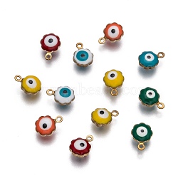 Golden Tone Brass Enamel Charms, Flower with Eye, Mixed Color, 9x7x5mm, Hole: 1mm(KK-Q571-05-M)