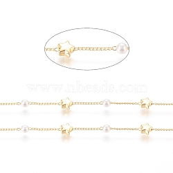 Brass Handmade Beaded Chain, Curb Chains, with CCB Plastic Imitation Pearl Bead, Long-Lasting Plated, Soldered, with Spool, Star, Real 18K Gold Plated, 2x1x0.8mm, Bead: 4mm, Star: 5.5x6.5x3mm, about 32.8 Feet(10m)/roll(CHC-G011-16G)