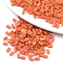FGB 2-Hole Glass Seed Beads, Opaque Colours, Rectangle, Dark Orange, 4.5~5.5x2x2~2.5mm, Hole: 0.5~0.8mm, about 2000pcs/bag(SEED-S031-M-SH50)