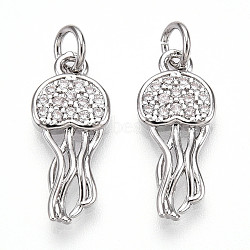 Brass Micro Pave Cubic Zirconia Pendants, Jellyfish Charms, with Jump Ring, Platinum, 18x8x2.5mm, Hole: 3mm(KK-N257-12P)