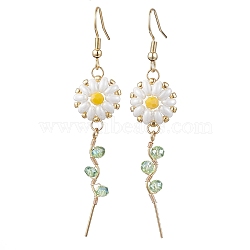 Daisy Flower Glass Dangle Earrings, Alloy Wire Wrapped Long Drop Earrings, Golden, 68~68.5x14mm(EJEW-JE05727)