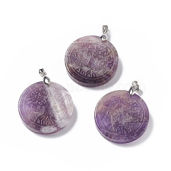 Natural Amethyst Pendants, Flat Round Charms with Tree of Life Pattern, with Rack Plating Platinum Tone Brass Findings, Cadmium Free & Lead Free, 30x4~8mm, Hole: 4x4mm(G-P491-05P-04)