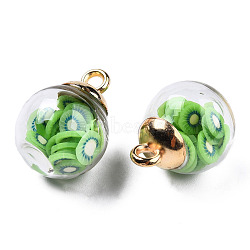 Glass Ball Pendants, with Handmade Polymer Clay Inside and CCB Plastic Findings, Round, Golden, Light Green, 21x15.5~16mm, Hole: 2mm(GLAA-TD003-01C)