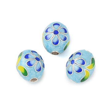 Rhodium Plated 925 Sterling Silver Enamel Beads, Oval with Flower, Light Sky Blue, Silver, 11x9mm, Hole: 2mm