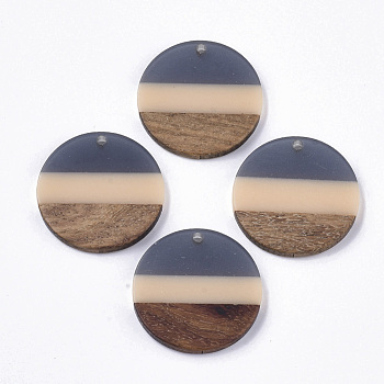 Two Tone Transparent Resin & Walnut Wood Pendants, Flat Round, Gray, 28x3.5mm, Hole: 2mm