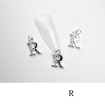 Alloy Rhinestone Cabochons, Nail Art Decoration Accessories, with Jump Ring, Letter, Platinum, Letter.R, 11~14x5~12mm