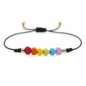 Gemstone Rainbow Heart Beaded Black Cord Adjustable Bracelet for Women, Colorful, 11.02 inch(28cm)