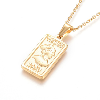 (Jewelry Parties Factory Sale)304 Stainless Steel Pendant Necklaces, with Cable Chains and Lobster Claw Clasps, Rectangle with Word Venus & Number 1990, Golden, 17.6 inch(44.8cm), 1.5mm