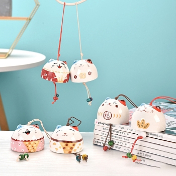 Porcelain Lucky Cat Pendant Decorations, with Random Color Ears,Cute Cat Wind Chime Hanging Ornament with Rope, for Car Decoration, Mixed Color, 35x52mm