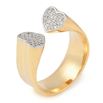 Heart Brass Micro Pave Clear Cubic Zirconia Open Cuff Ring for Women, Real 18K Gold Plated, US Size 7 1/4(17.5mm)