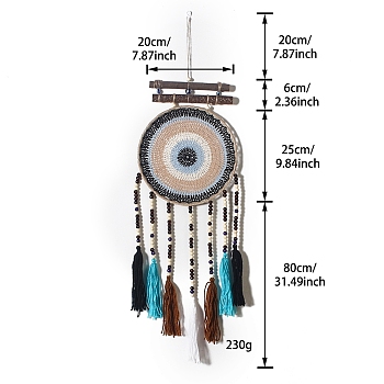 Evil Eye Wall Decor, Woven Net/Web with Feather Pendant Decorations, for Home Craft Wall Hanging, Light Blue, 800x200mm