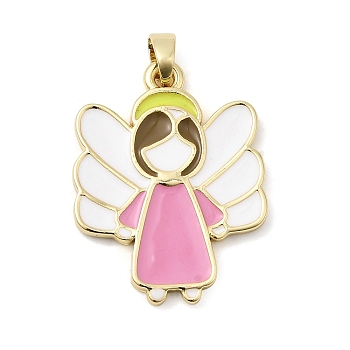 Brass Enamel Pendants, Angel Charms, Rack Plating, Long-Lasting Plated, Lead Free & Cadmium Free, Real 18K Gold Plated, Pink, 25x19.5x2mm, Hole: 4.5x3.5mm