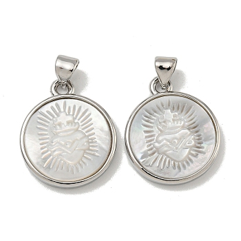 Rack Plating Brass Pave Natural White Shell Pendants, Flat Round Charms, Platinum, 20x17x3.5mm, Hole: 5X2.5mm