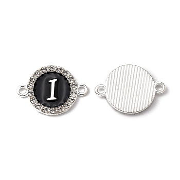 Alloy Enamel Links Connectors, with Crystal Rhinestones, Flat Round with Letter, Silver Color Plated, Letter.I, 22x16x2mm, Hole: 1.8mm