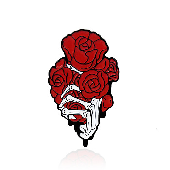 Skeleton Hand with Rose Safety Brooch Pin, Alloy Enamel Badge for Suit Shirt Collar, Palm, 32x19mm