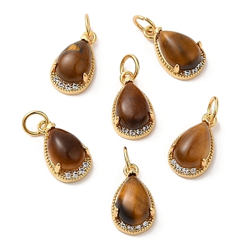 Natural Tiger Eye Teardrop Charms, with Rack Plating Brass Micro Pave Clear Cubic Zirconia Findings and Jump Ring, Cadmium Free & Lead Free, Real 18K Gold Plated, 13.5x8x5.5mm, Hole: 3.5mm