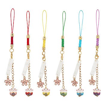6Pcs Cute Maneki Neko Smart Phone Strap Lanyards, Daisy Sakura Cat Bell Mobile Rope Key Chains Couple Gift Decoration, Mixed Color, 15.5cm, 6pcs/set