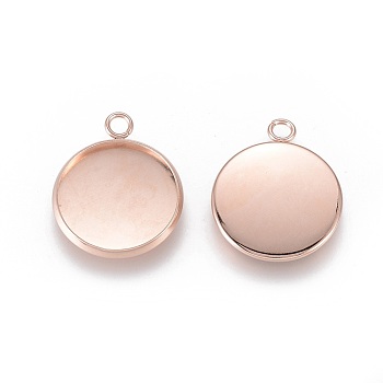 201 Stainless Steel Pendant Cabochon Settings, Plain Edge Bezel Cups, Flat Round, Rose Gold, Tray: 16mm, 21.5x18x2mm, Hole: 2.2mm