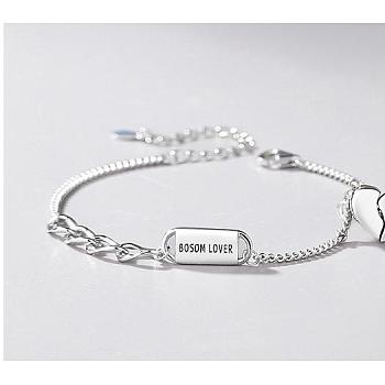 Rhodium Plated 925 Sterling Silver Word Love Link Bracelet with Heart Charms for Lovers, Platinum, 6-1/8 inch(15.5cm)
