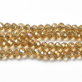 Electroplate Transparent Glass Beads Strands, Half Rainbow Plated, Faceted, Rondelle, Dark Khaki, 4x3mm, Hole: 0.4mm, about 123~127pcs/strand, 16.5~16.9 inch(42~43cm)