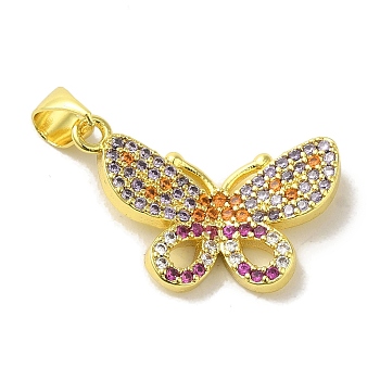 Brass Micro Pave Colorful Cubic Zirconia Pendants, Butterfly Charms, Real 18K Gold Plated, 22x16x4mm, Hole: 5x3.5mm