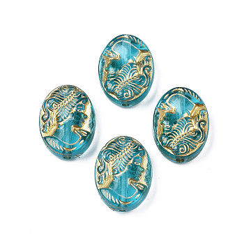 Plating Acrylic Beads, Metal Enlaced, Oval, Dark Turquoise, 17.5x13x6mm, Hole: 1.6mm