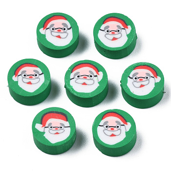 Handmade Polymer Clay Beads, Christmas Style, Flat Round with Father Christmas, Sea Green, 9x4~4.5mm, Hole: 1.6mm